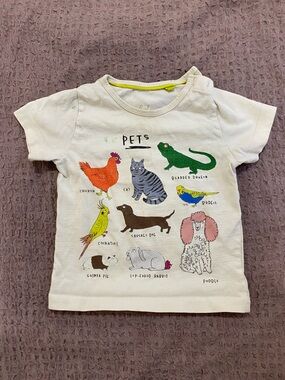 Mini Boden White Kids' Tee with Colorful Pet Illustrations
